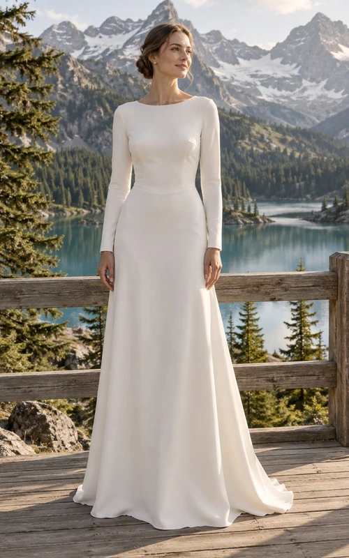 Langärmeliges Brautkleid mit U-Boot-Ausschnitt aus Crêpe de Chine in Etui-Silhouette