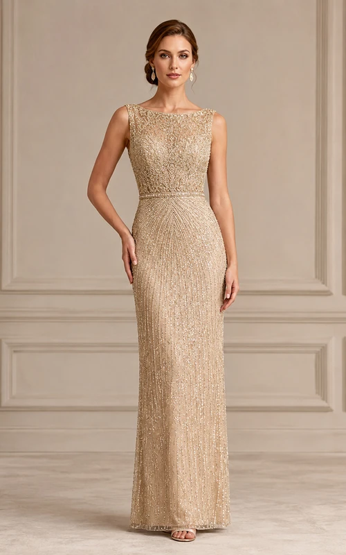 Dicht mit Pailletten besetztes, champagnerfarbenes Etuikleid mit U-Boot-Ausschnitt, ärmellos, luxuriös und elegant – ein perfektes Abendkleid für Prominente.