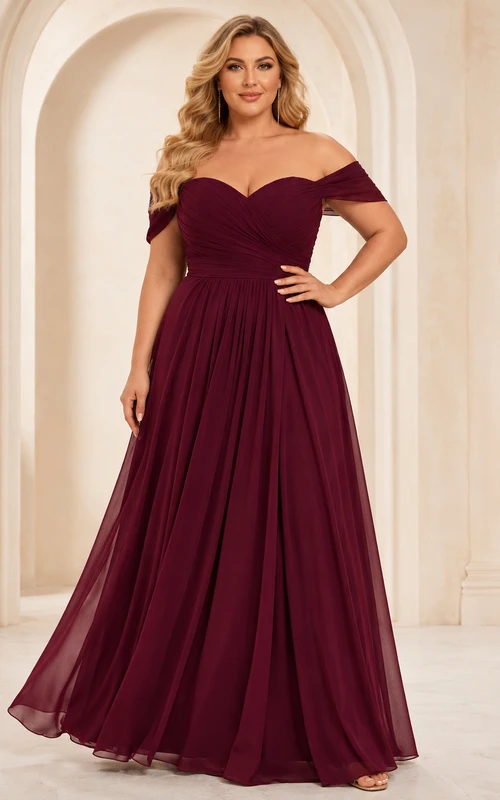 Robe de bal grande taille en mousseline bordeaux à épaules dénudées et coupe trapèze
