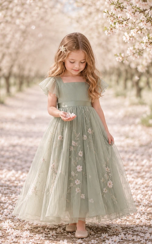 Tüll-Blumenmädchenkleid mit Puffärmeln
