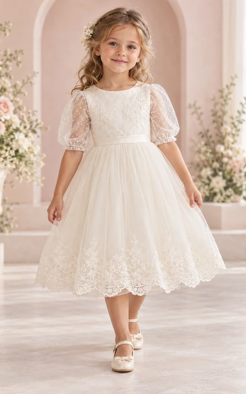 Robe de demoiselle d'honneur ivoire à fleurs, coupe trapèze, en tulle et dentelle, manches illusion, dos nu et imprimé floral, longueur thé