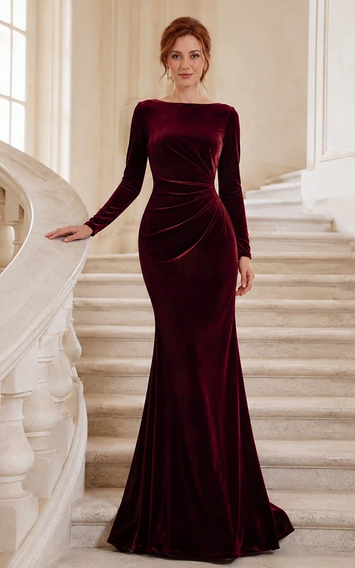 Burgundy Velvet Square Neck Long Sleeve Mermaid Evening Gown