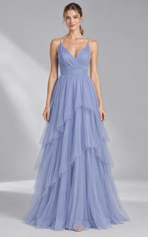 Vestido de dama de honor romántico de tul color bígaro con escote en V, tirantes finos y falda escalonada hasta el suelo.