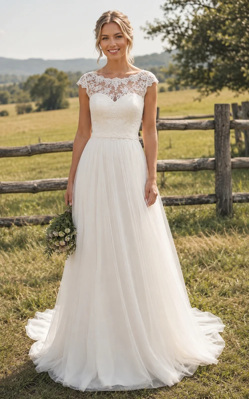 Illusion Cap Sleeve Chiffon Country Wedding Dress with Lace Yoke and Train