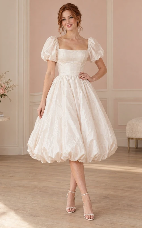 Robe de mariée mi-longue à col carré, manches bouffantes et ourlet froncé