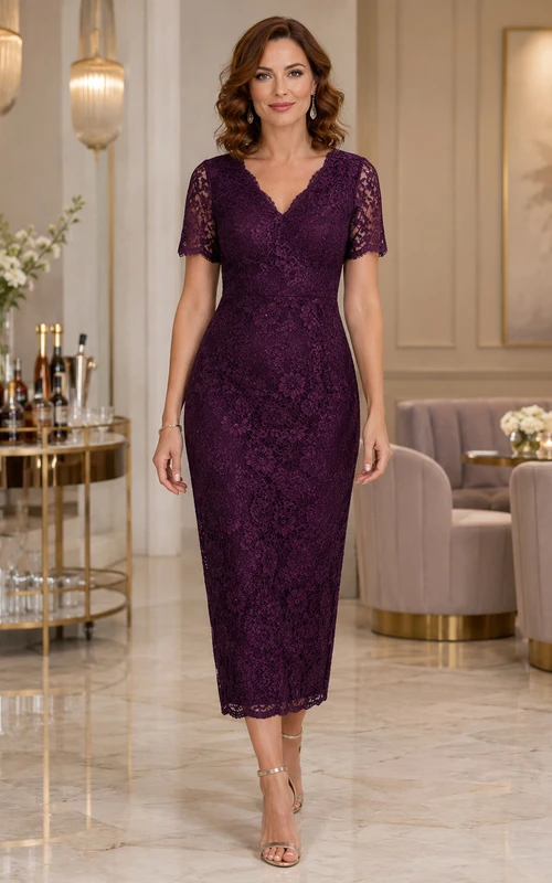 Robe de cocktail midi fourreau prune à manches courtes en dentelle et col en V