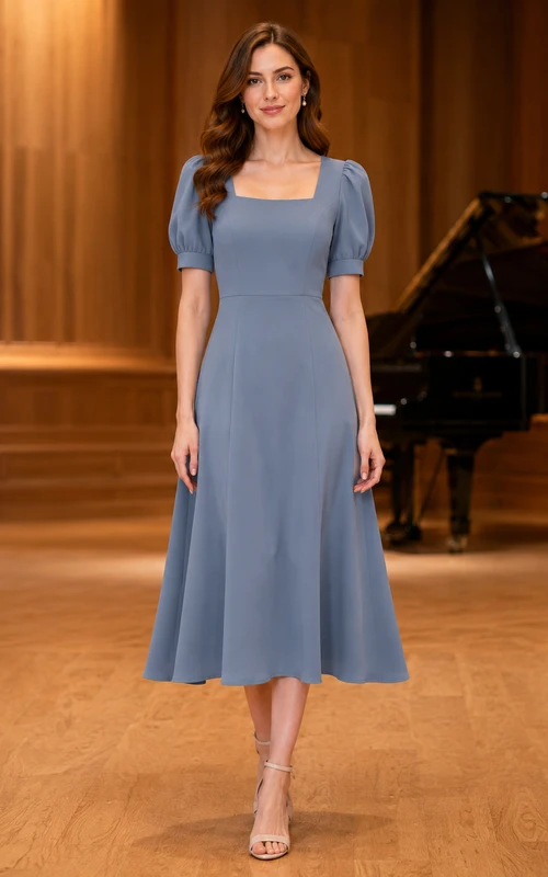 Dusty blue square neck puff sleeve recital midi dress