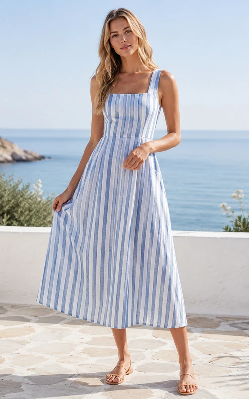Blue Coastal Stripe Square Neck Linen Midi Summer Dress
