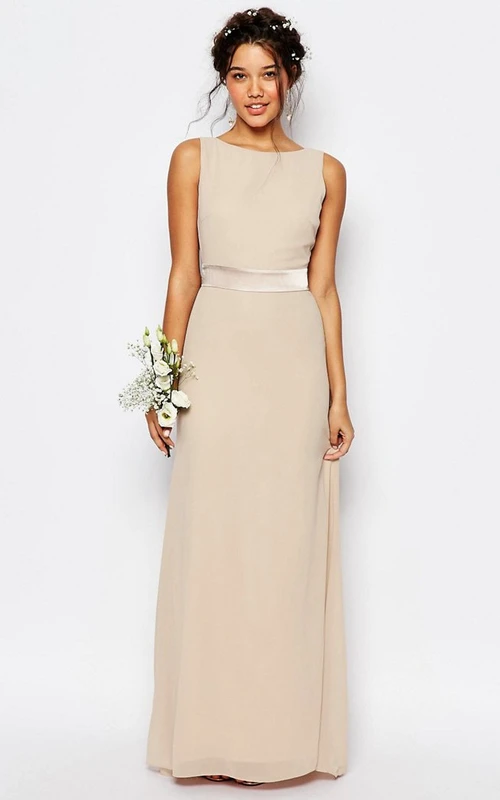 Robe de demoiselle d'honneur longue sans manches en mousseline à col bateau et nœud papillon