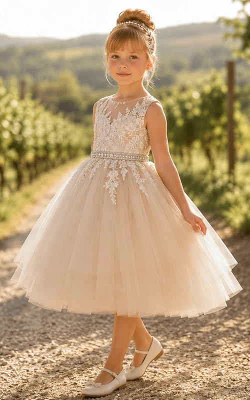 Vestido de niña de flores de tul con mangas abullonadas, corte en A, cuello joya, falda a media pierna y detalle de lazo.