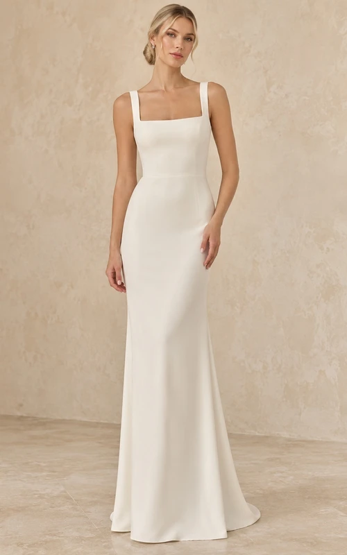 Square Neck Simple Civil Sleeveless Fitted Floor Length Bridal Gown
