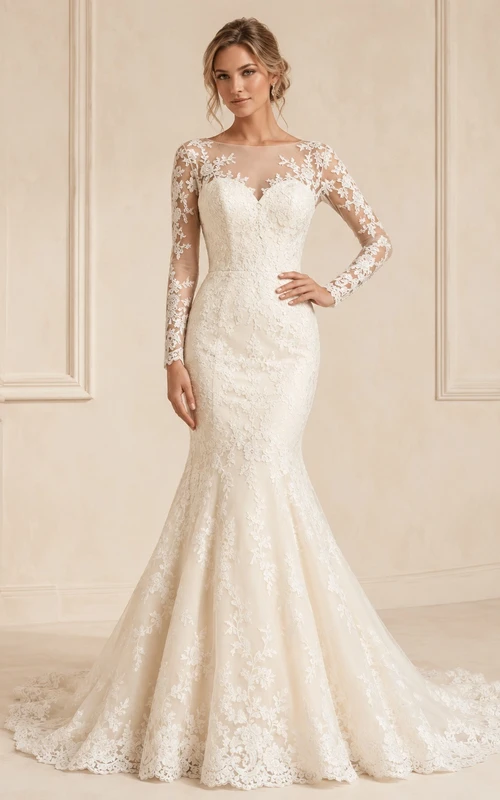 Brautkleid im Meerjungfrauenstil mit langen Ärmeln, Applikationen und Spitze, bodenlang, im Boho-Stil