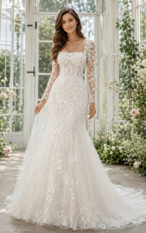 Romantic Square Neck Lace Wedding Mermaid Illusion Long Sleeves Chapel Train