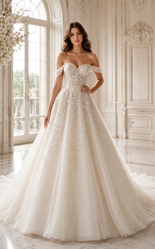 Robe de bal en dentelle florale à épaules dénudées et manches courtes, avec traîne chapelle et texture luxueuse.