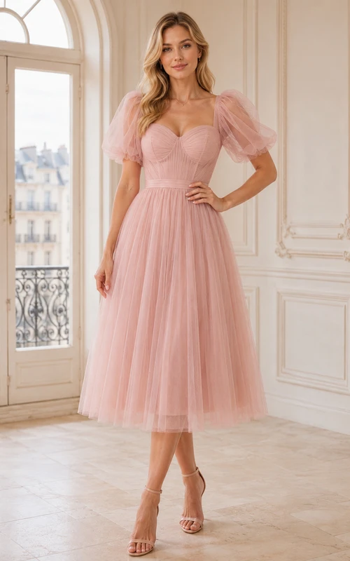 Pearl Pink Sweetheart Puff-Sleeve Tulle A-Line Romantic Tea-Length Bridesmaid Dress