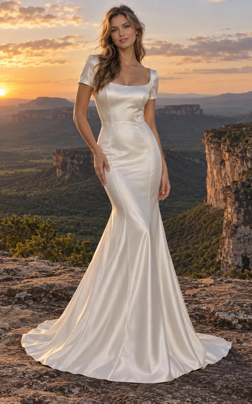 Meerjungfrauen-Brautkleid aus Charmeuse mit rundem Ausschnitt, kurzen Ärmeln, schlichtem Oberteil und Schleppe