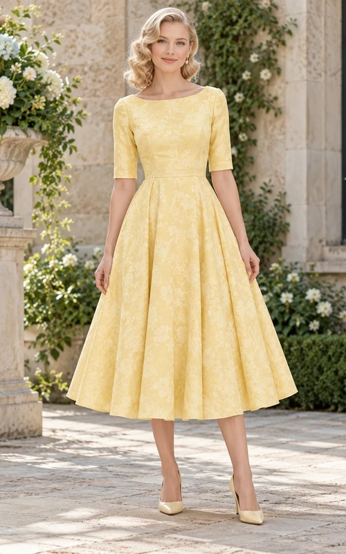 1940s Daffodil Bateau Elbow Sleeve Lace Tea-Length Bridesmaid Dress