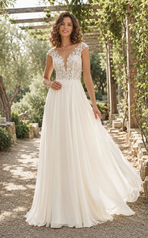 Boho-Brautkleid mit kurzen Ärmeln, Spitze an der Taille und Chiffon