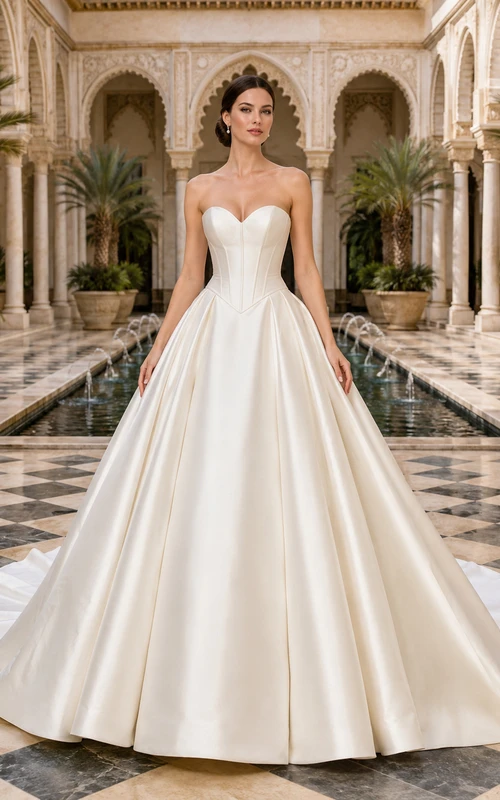 Robe de bal moderne de princesse, bustier cœur, en satin, avec traîne chapelle, pour un mariage à destination