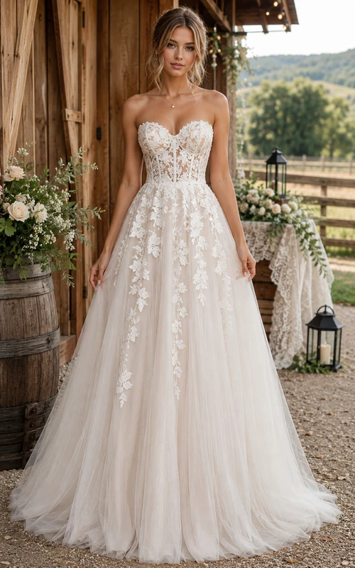 Strapless A-Line Tulle Country Wedding Dress with Lace Applique Bodice