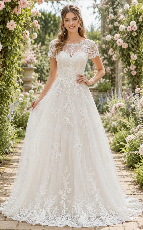 Short Sleeve Illusion Lace A Line Spring Garden Bridal Gown