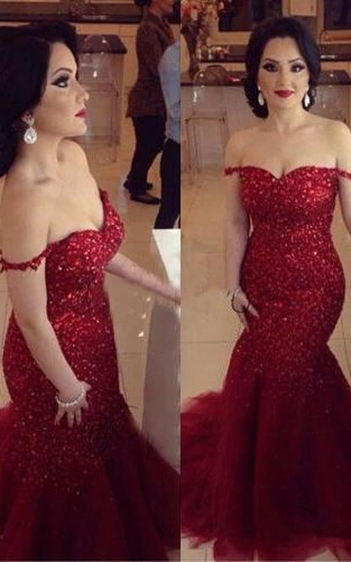 Robes de bal glamour à sequins rouges, épaules dénudées, style sirène, en tulle