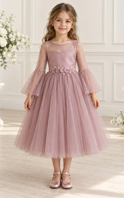 Tea-length Mauve Bell Sleeve Illusion Neck Floral Waist Tulle Flower Girl Dress