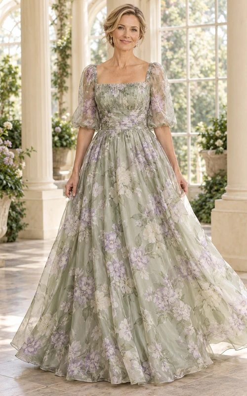 Vestido de recepción formal de organza con estampado floral verde salvia, largo hasta el suelo, escote cuadrado y mangas abullonadas, corte en A.