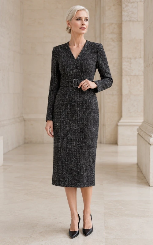 Dark Gray Tweed V-Neck Long Sleeve Pencil Midi Dress