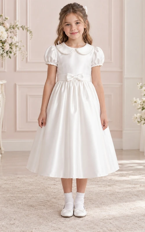 Vestido de niña de flores vintage blanco de corte A, largo hasta la rodilla, de satén, con mangas abullonadas, cuello y lazo en la espalda.