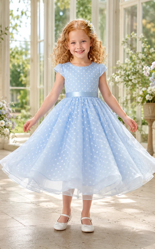 Sky Blue Polka Dot A-Line Tulle Flower Girl Dress, Short Sleeve Cap, Jewel Neck, Pleated Tea-Length Garden