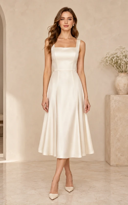 Robe de mariée civile en satin, coupe trapèze, longueur thé, bretelles carrées simples, style court.