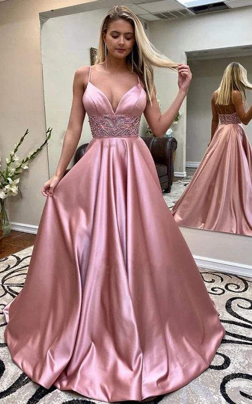 Romantisches, ärmelloses A-Linien-Abendkleid aus Satin mit Spaghettiträgern und Perlenstickerei