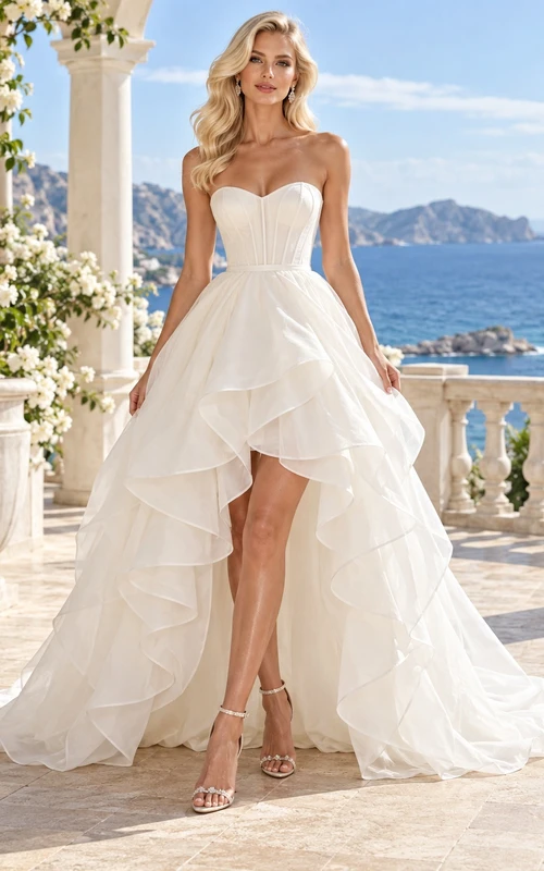 High-low Strapless Sweetheart Corset Ruffled A-line Train Wedding Dress