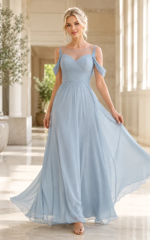 Sky Blue Sweetheart Petal-Sleeve Chiffon A-Line Romantic Floor Bridesmaid Gown