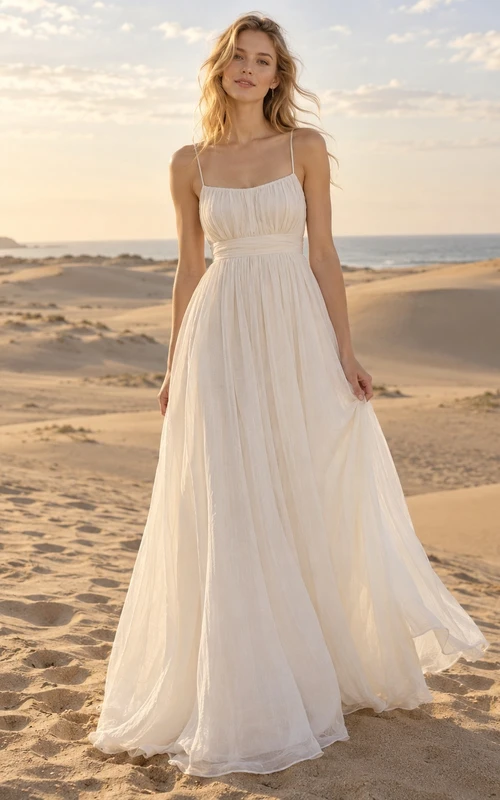 Einfaches, böhmisches Brautkleid mit Spaghettiträgern, gerafftem Oberteil und fließender A-Linie