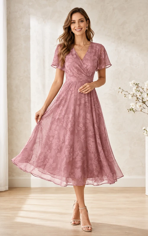 Vestido de noche de largo midi, color rosa empolvado, con escote en V, mangas tipo pétalo, encaje, gasa y pliegues.
