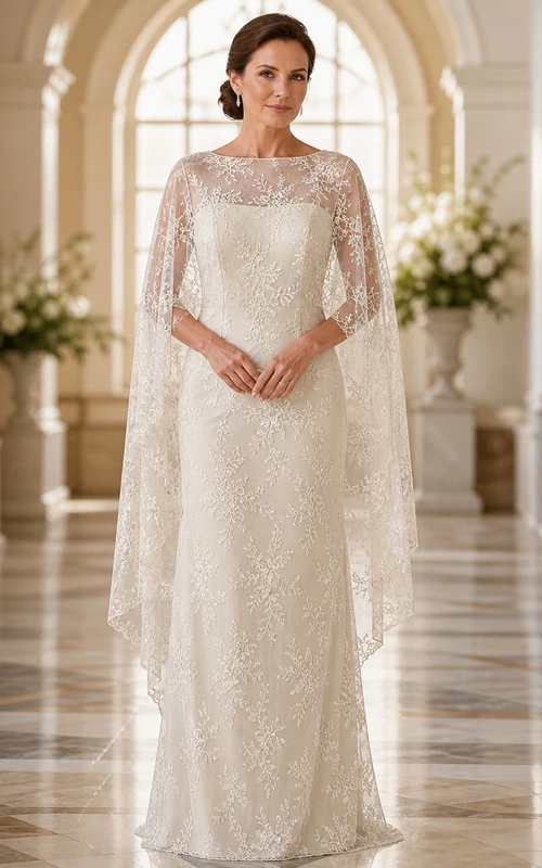 Robe de mariée royale et sobre en dentelle, fourreau, longueur au sol, manches courtes, à encolure bateau, idéale pour les futures mariées d'âge mûr.