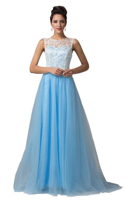 Chiffonkleid in A-Linie mit hohem Kragen und Spitzenoberteil