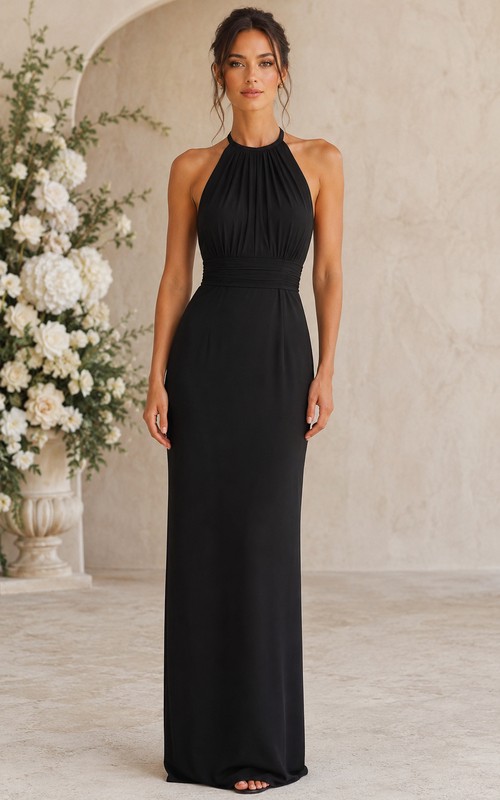 black bridesmaid dresses high neck Halter Sheath Dress Size:17 and now comes in care-Dry Clean DOLLY V-BACK PUFF SLEEVE