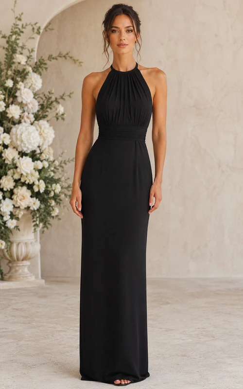 Vestido de dama de honor negro de corte recto con cuello halter y escote alto