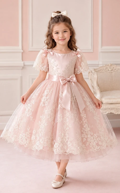 Vestido de niña de las flores, color rosa empolvado, encaje y tul, corte en A, cuello joya, largo hasta la rodilla.