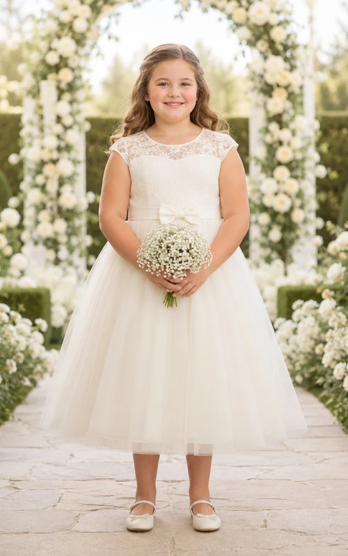 Vestido blanco de niña de las flores, clásico, largo hasta la rodilla, corte en A, mangas cortas con efecto ilusión, encaje, tul, satén, lazo, botones en la espalda.