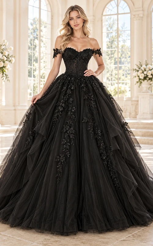Black Off Shoulder Sweetheart Floral Tulle Ball Gown Wedding Dress