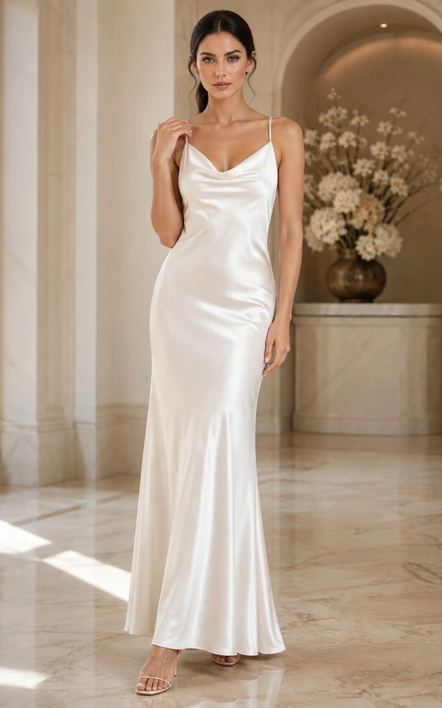 Simple Cowl Spaghetti Satin Sheath Floor-Length Minimalist Elopement Wedding Dress