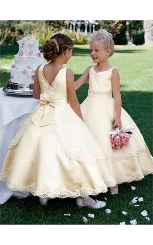 Robe de bal sans manches à col rond et nœud papillon, longueur cheville, en satin champagne, pour demoiselle d'honneur ou petite fille d'honneur.