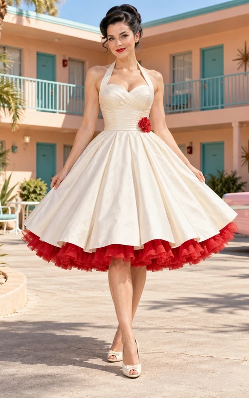 Rockabilly-Halterkleid, Swingkleid, roter Blumenunterrock, Hochzeitskleid der 1950er Jahre