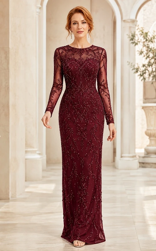 Burgundy Beaded Lace Jewel Neck Long Sleeve Sheath Floor Length Formal Evening Dress