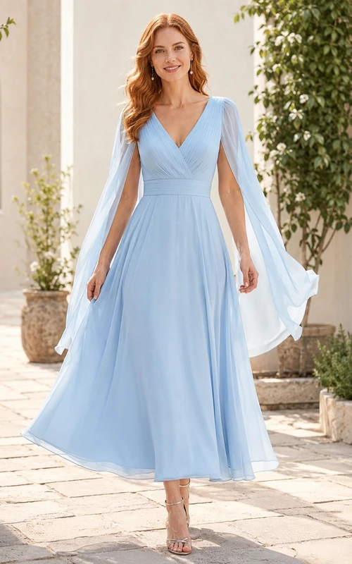 Elegante vestido romántico de gasa azul cielo con escote en V, mangas tipo capa y corte en A hasta la rodilla, ideal para el jardín.