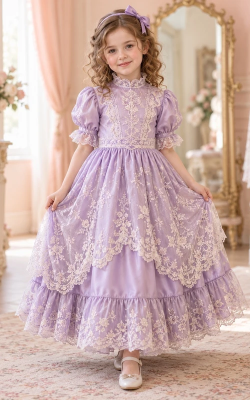 Viktorianisches lavendelfarbenes langes Blumenmädchenkleid mit hohem Kragen, Puffärmeln und Spitzenbesatz